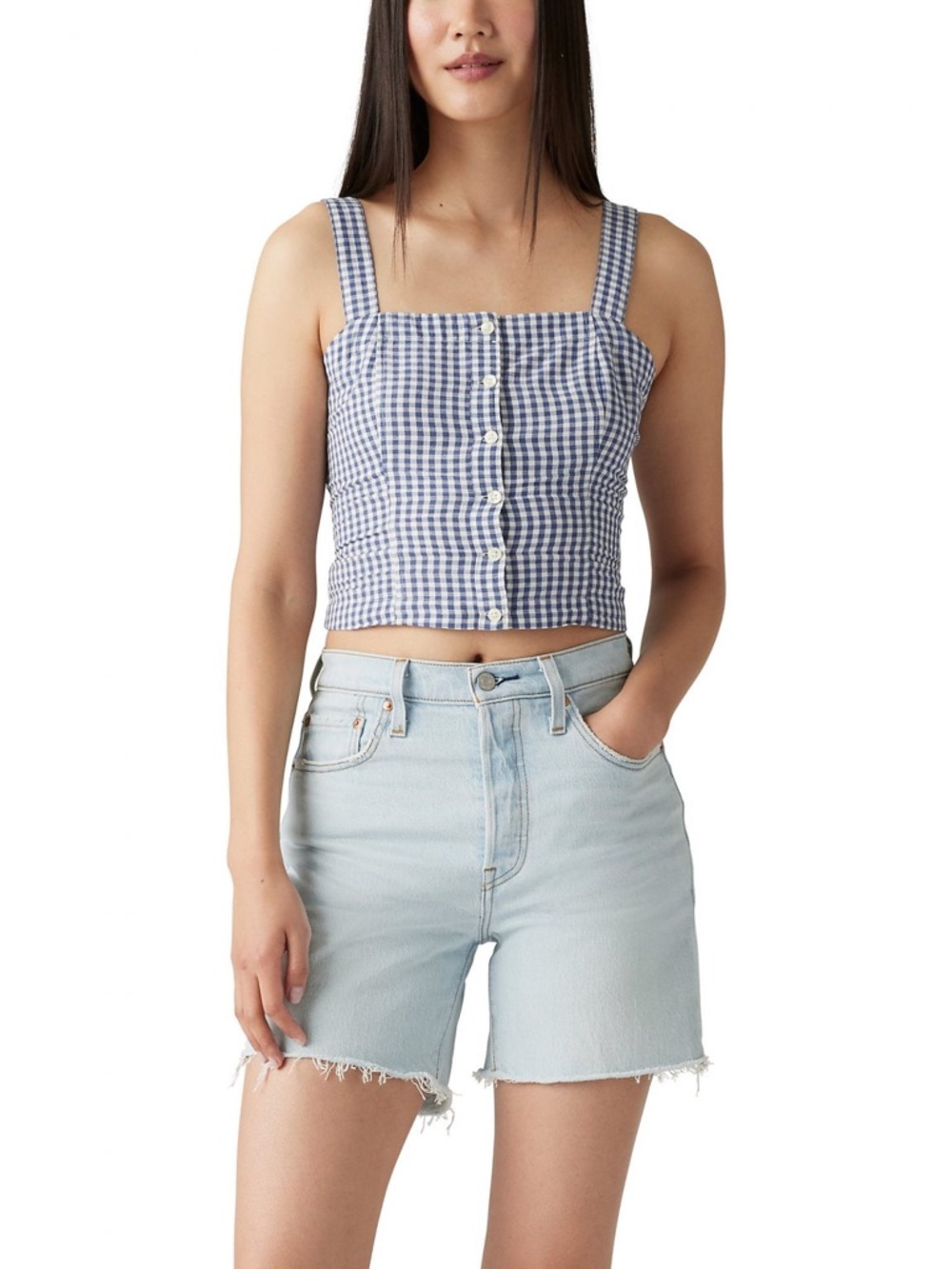 NWT! Levi’s Gingham Button-Front Sleeveless Crop Tank Top Blue/White Sz Large